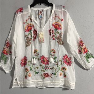 Johnny Was White Embroidered Floral Tunic with Pink and Green Accents